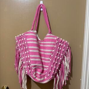Unbranded Fringe Tote Bag Womens Large Pink Striped Good Boho Rope Handle